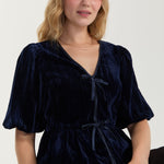 Liverpool Velvet Tie Front Peplum Blouse - DARK BLUE, front view