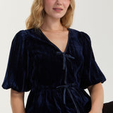 Liverpool Velvet Tie Front Peplum Blouse - DARK BLUE, front view