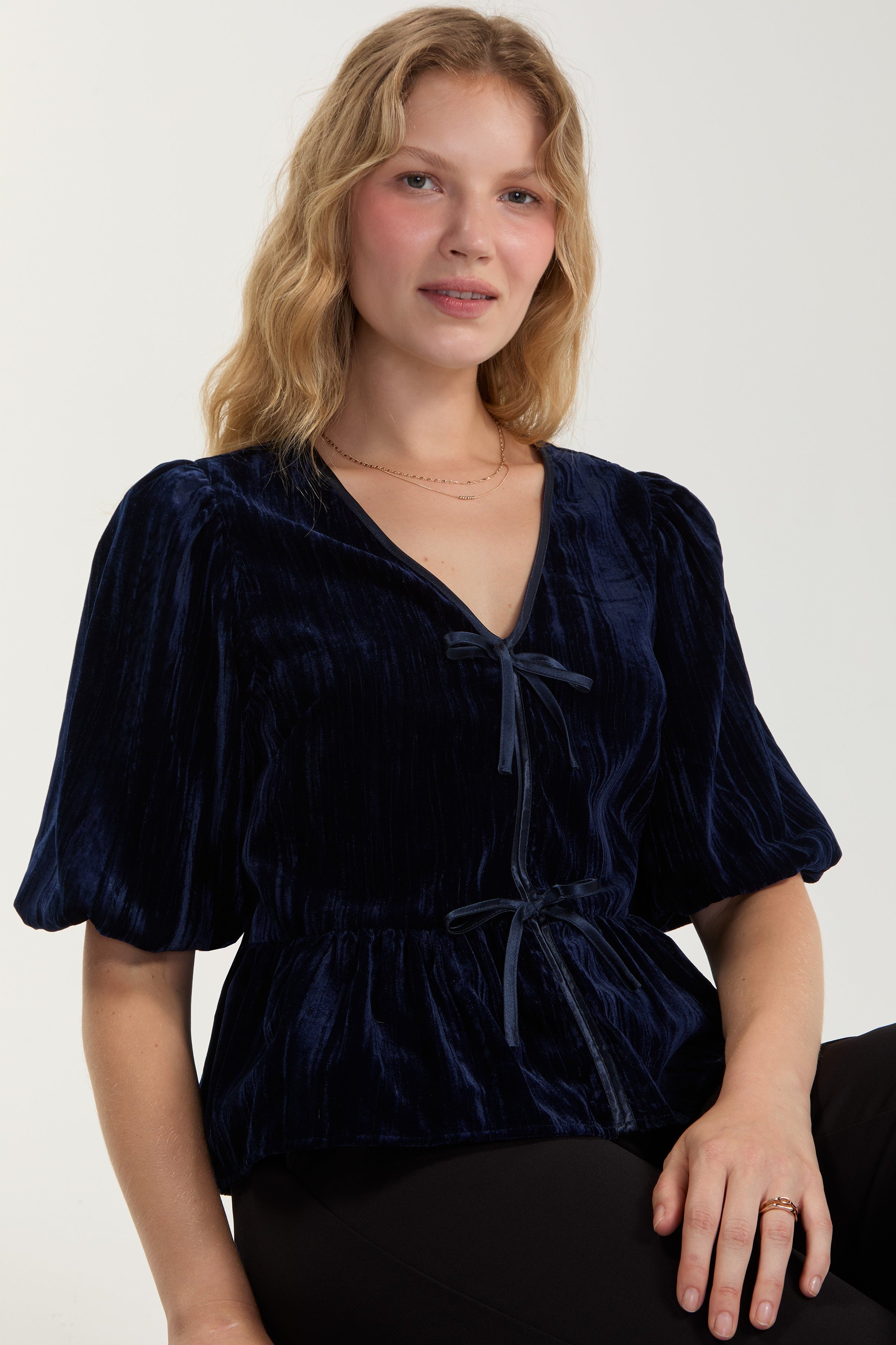 Liverpool Velvet Tie Front Peplum Blouse - DARK BLUE, front view