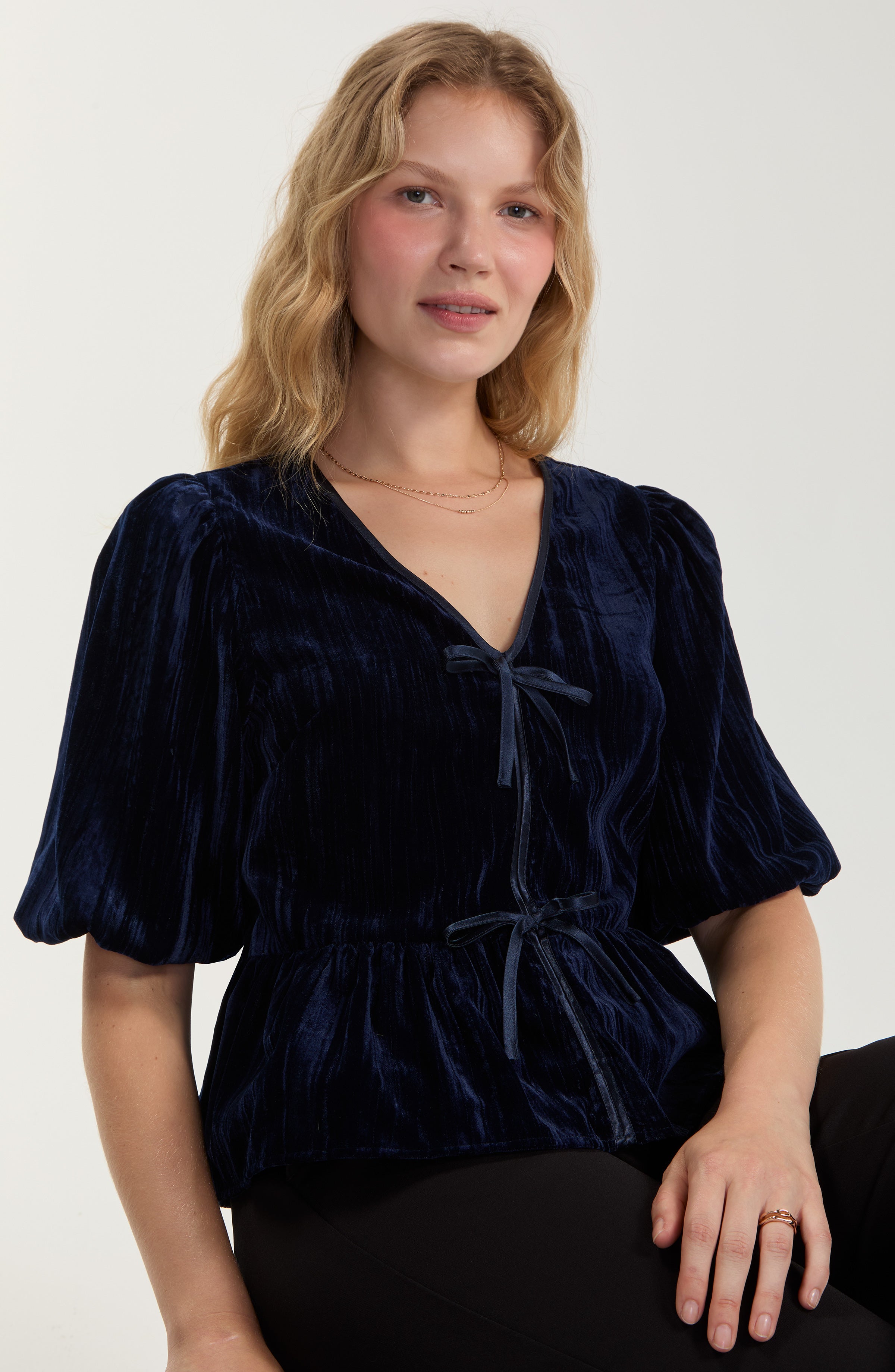 Liverpool Velvet Tie Front Peplum Blouse - DARK BLUE, front view