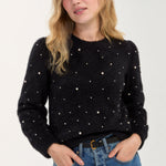 Liverpool Puff Sleeve Crew Neck Sweater with Pearls - BLACK, front view