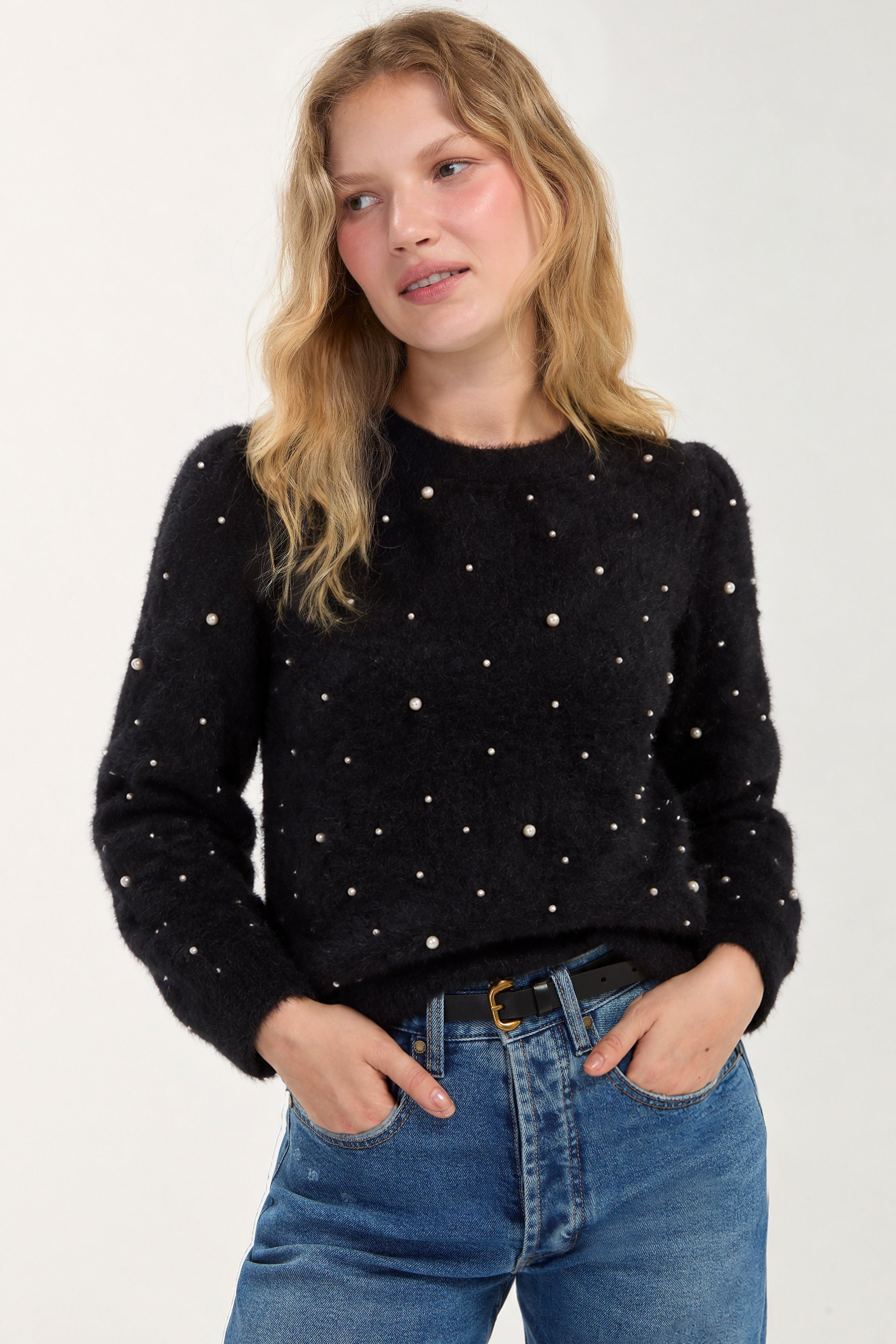 Liverpool Puff Sleeve Crew Neck Sweater with Pearls - BLACK, front view
