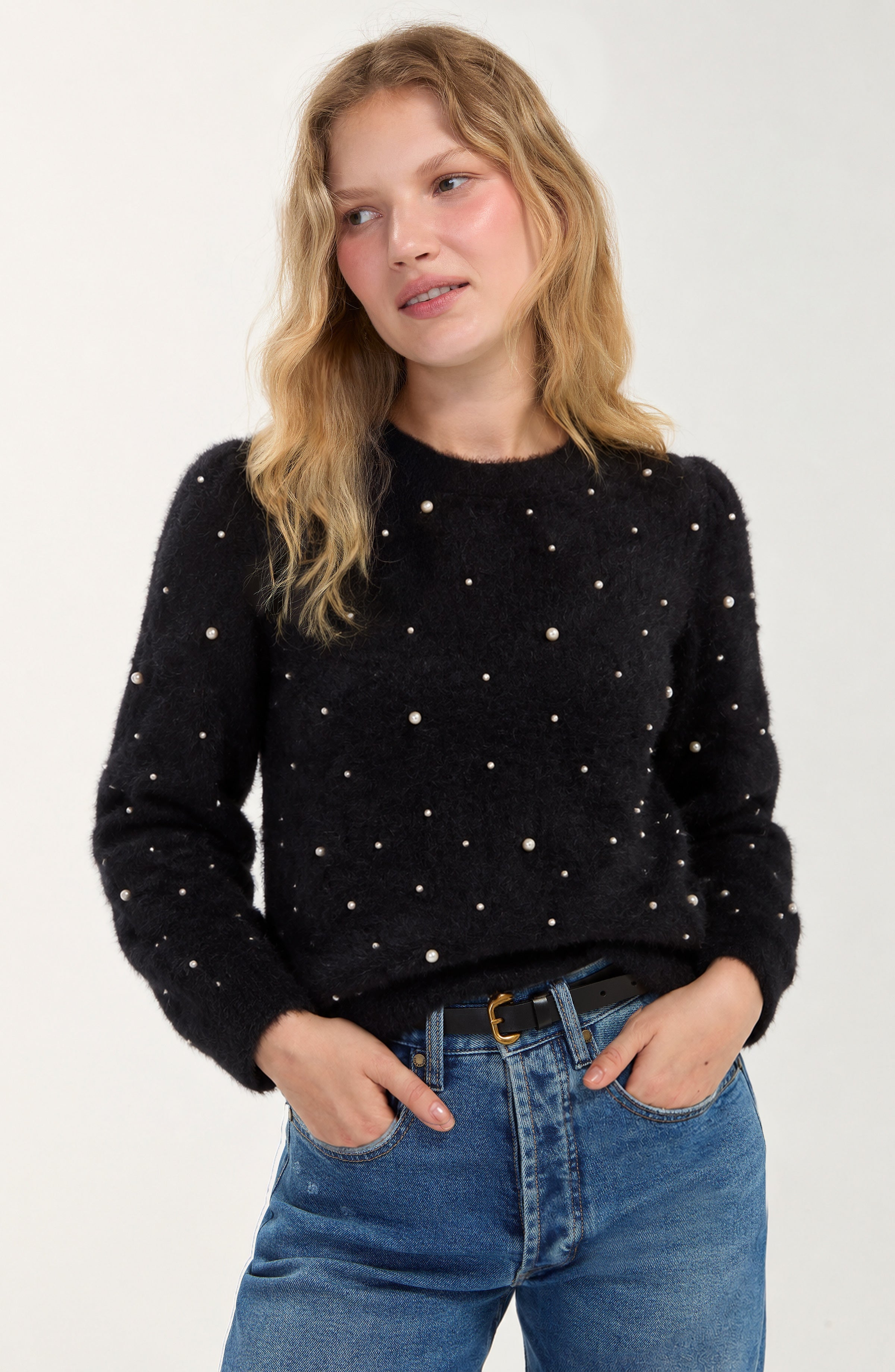Liverpool Puff Sleeve Crew Neck Sweater with Pearls - BLACK, front view