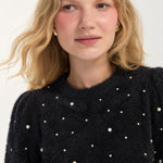 Liverpool Puff Sleeve Crew Neck Sweater with Pearls - BLACK, alternate view