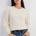 Liverpool Puff Sleeve Crew Neck Sweater with Pearls - IVORY, front view