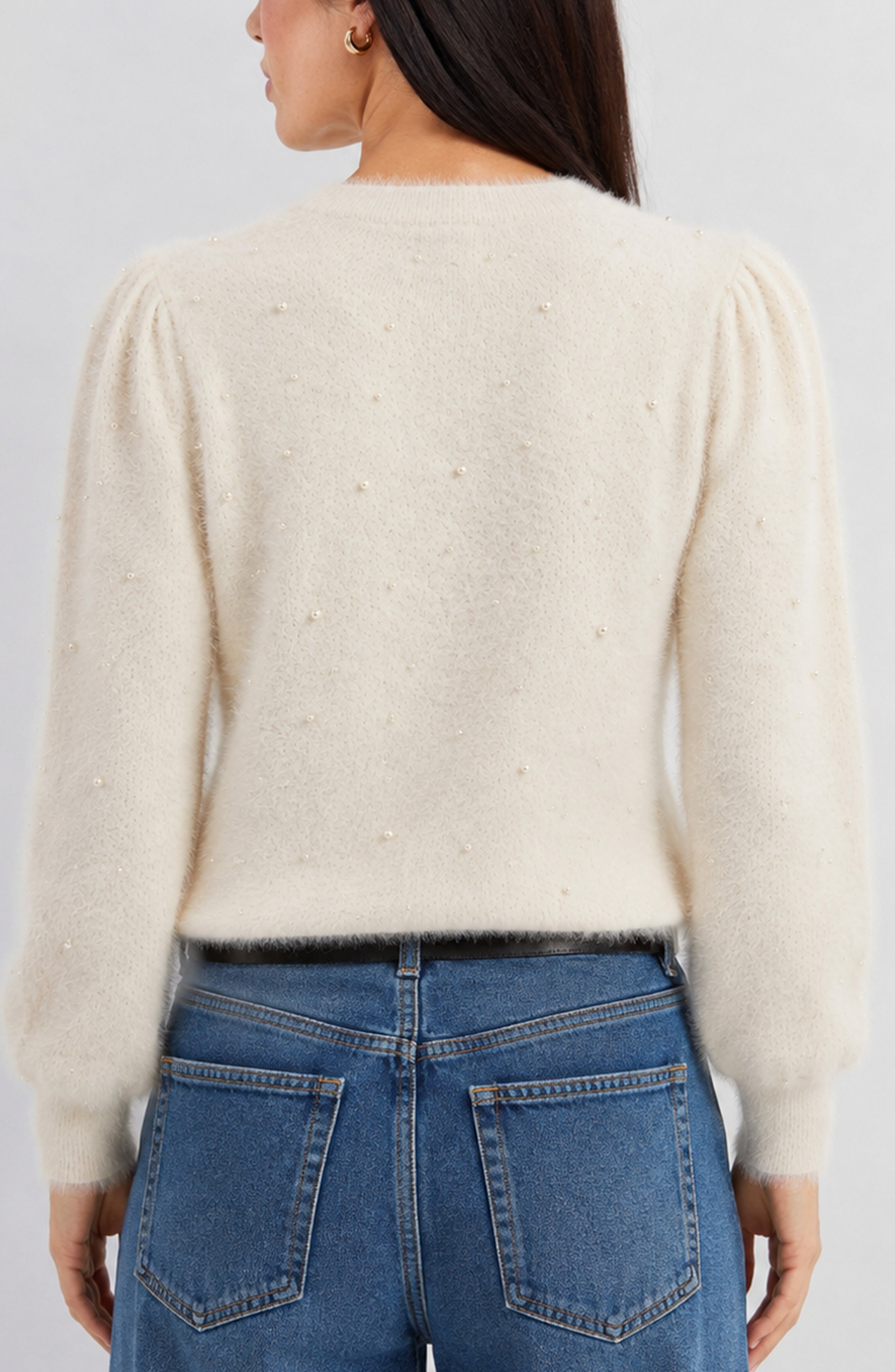 Liverpool Puff Sleeve Crew Neck Sweater with Pearls - IVORY, alternate view
