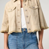 Liverpool 3/4 sleeve frayed flounce cropped jacket in light khaki with blue jeans