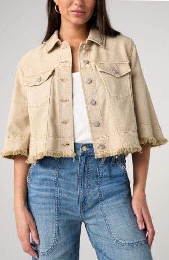 Liverpool 3/4 sleeve frayed flounce cropped jacket in light khaki with blue jeans