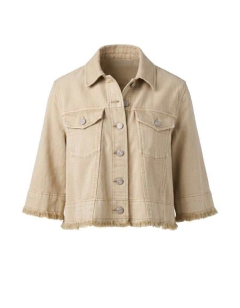Liverpool 3/4 sleeve frayed flounce jacket in light khaki with button front and chest pockets