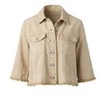 Liverpool 3/4 sleeve frayed flounce jacket in light khaki with button front and chest pockets