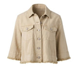 Liverpool 3/4 sleeve frayed flounce jacket in light khaki with button front and chest pockets