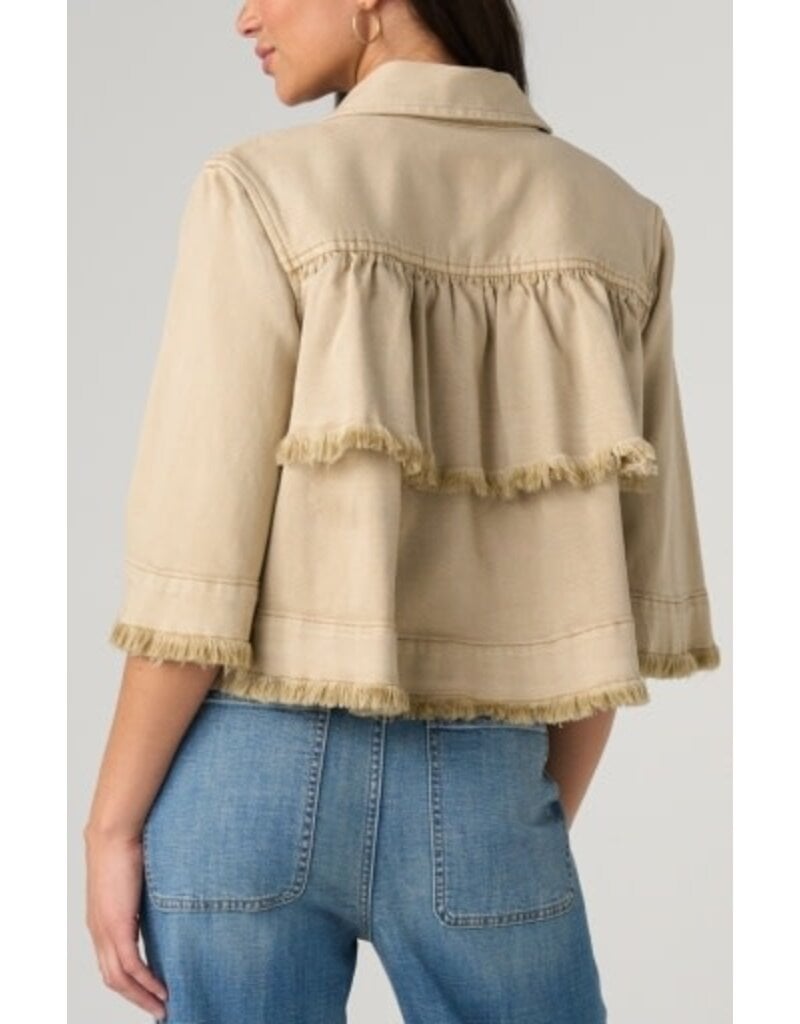 Liverpool 3/4 sleeve frayed flounce jacket in light khaki, back view on model