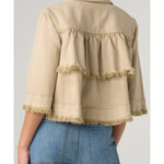Liverpool 3/4 sleeve frayed flounce jacket in light khaki, back view on model