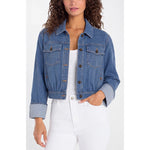 Liverpool Dreamer Jacket in Dreamstate medium blue denim with elastic hem on model
