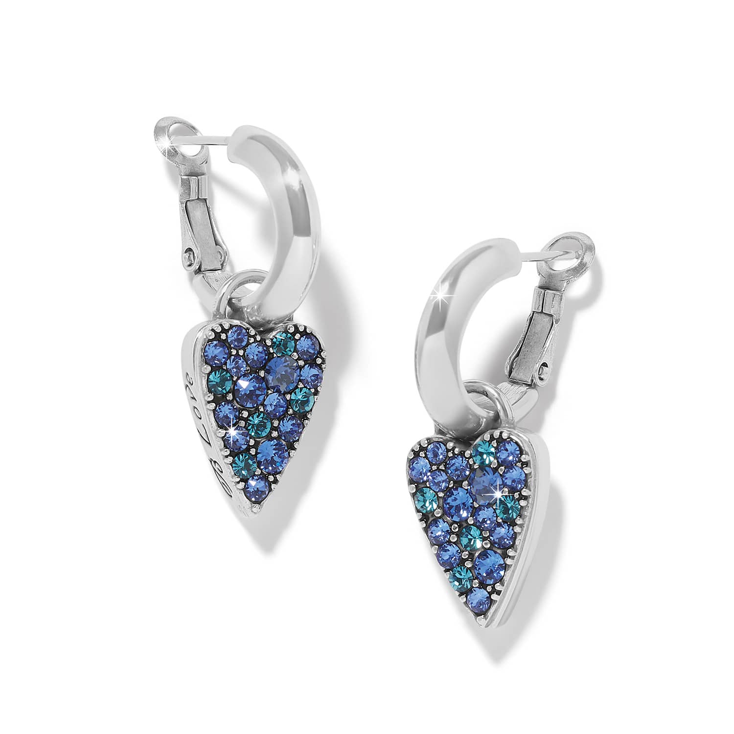 Brighton Love Messages blue crystal heart-shaped reversible hoop earrings in silver setting