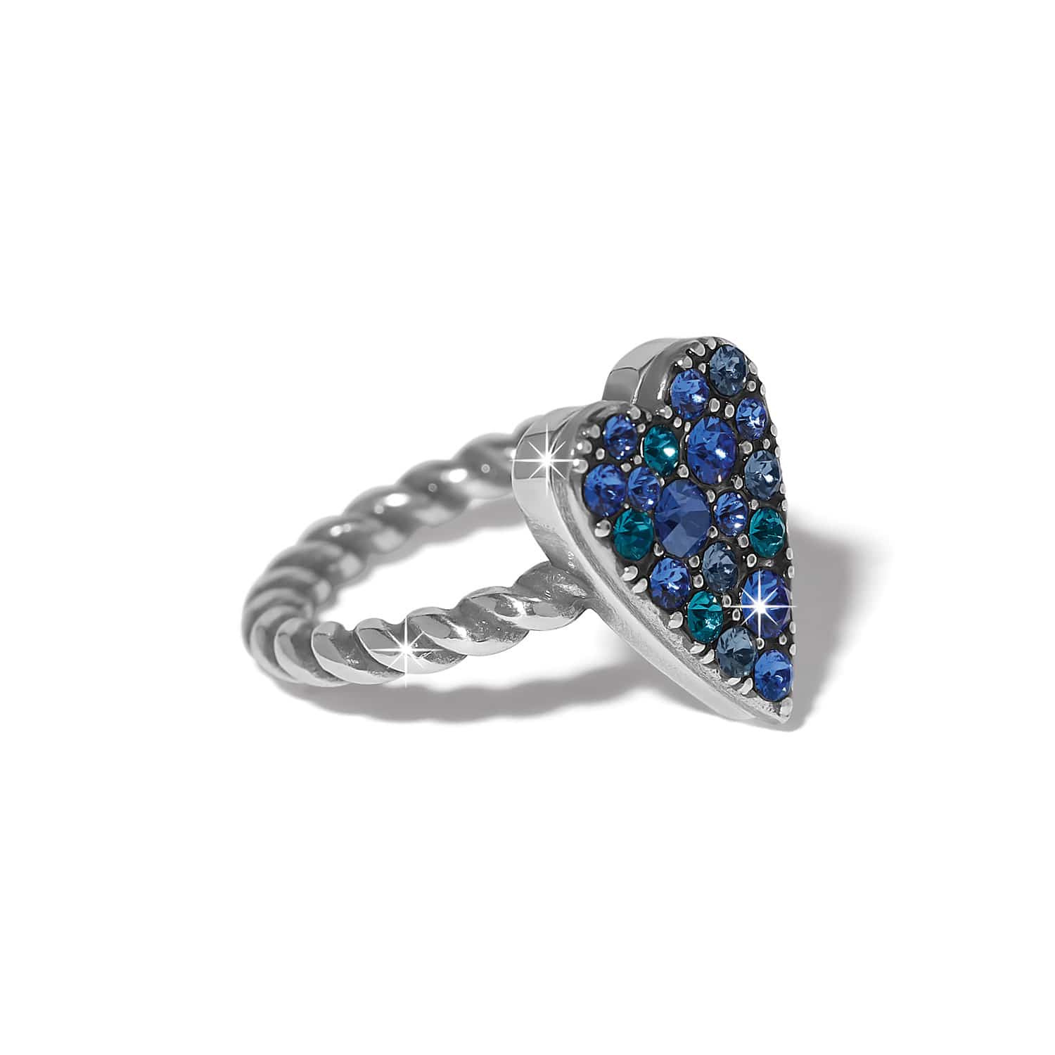 Brighton Love Messages B Love Blue Ring with heart-shaped blue stones on twisted silver band