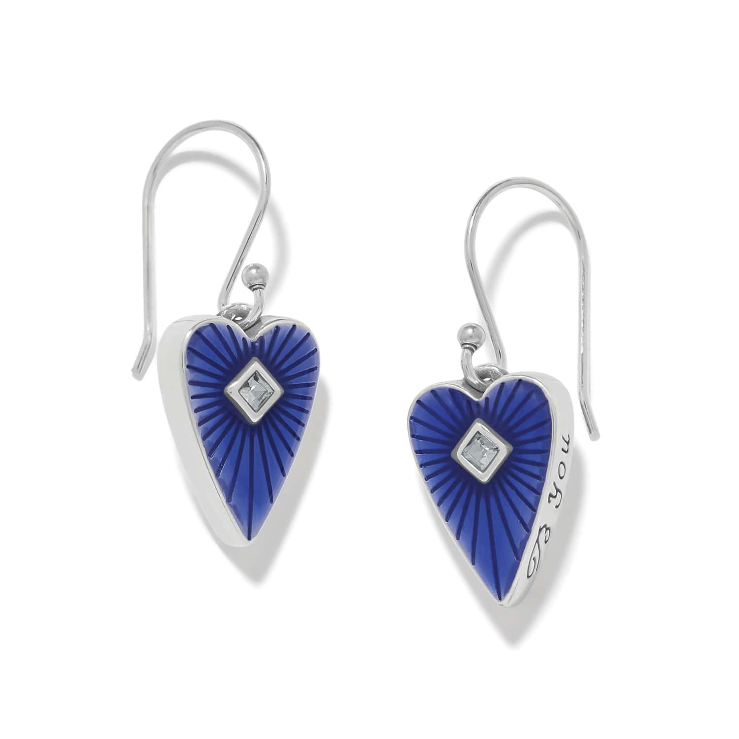 Brighton Love Messages heart-shaped blue earrings with diamond accent and sunburst pattern