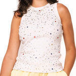 Queen of Sparkles, rhinestone tank top, multi color crystal top, white sparkle shirt, party tank top, designer embellished top, Queen of Sparkles apparel, luxury boutique tops, colorful rhinestone bodice. at ooh la la! in Grapevine TX 76051