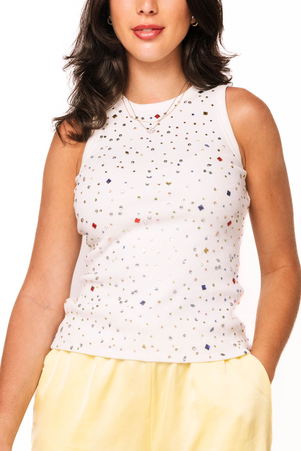 Queen of Sparkles, rhinestone tank top, multi color crystal top, white sparkle shirt, party tank top, designer embellished top, Queen of Sparkles apparel, luxury boutique tops, colorful rhinestone bodice. at ooh la la! in Grapevine TX 76051