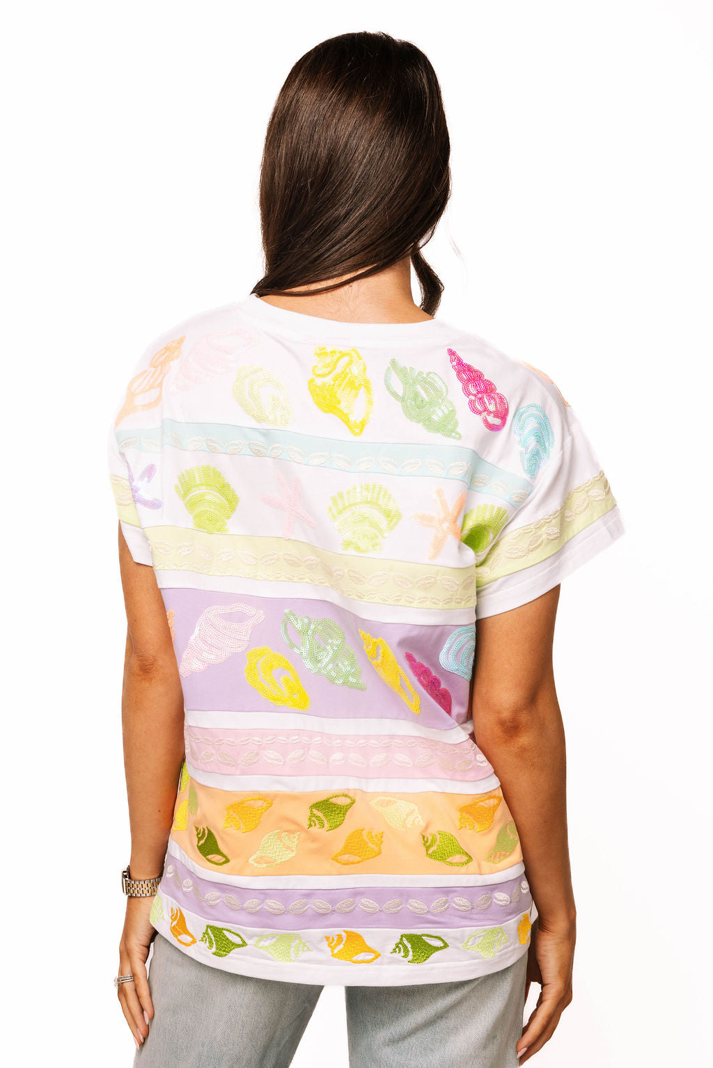 Queen of Sparkles, seashell sequin tee, pastel colorblock top, coastal vacation outfit, designer beach wear, sequin shell shirt, luxury summer fashion. at ooh la la! in Grapevine TX 76051