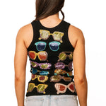 Queen of Sparkles tank, sequin sunglasses top, black ribbed tank, luxury party wear, colorful sequin shirt, designer summer fashion, sparkle tank top, boutique statement top. at ooh la la! in Grapevine TX 76051