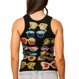 Queen of Sparkles tank, sequin sunglasses top, black ribbed tank, luxury party wear, colorful sequin shirt, designer summer fashion, sparkle tank top, boutique statement top. at ooh la la! in Grapevine TX 76051