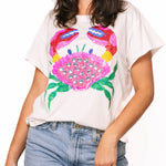 Queen of Sparkles, Sequin Crab Tee, Rainbow Sequin Shirt, Coastal Chic Apparel, Luxury Graphic Tee, Rhinestone Crab Top, Beach Vacation Outfit, Designer White Tee, Summer Sparkle Fashion. at ooh la la! in Grapevine TX 76051
