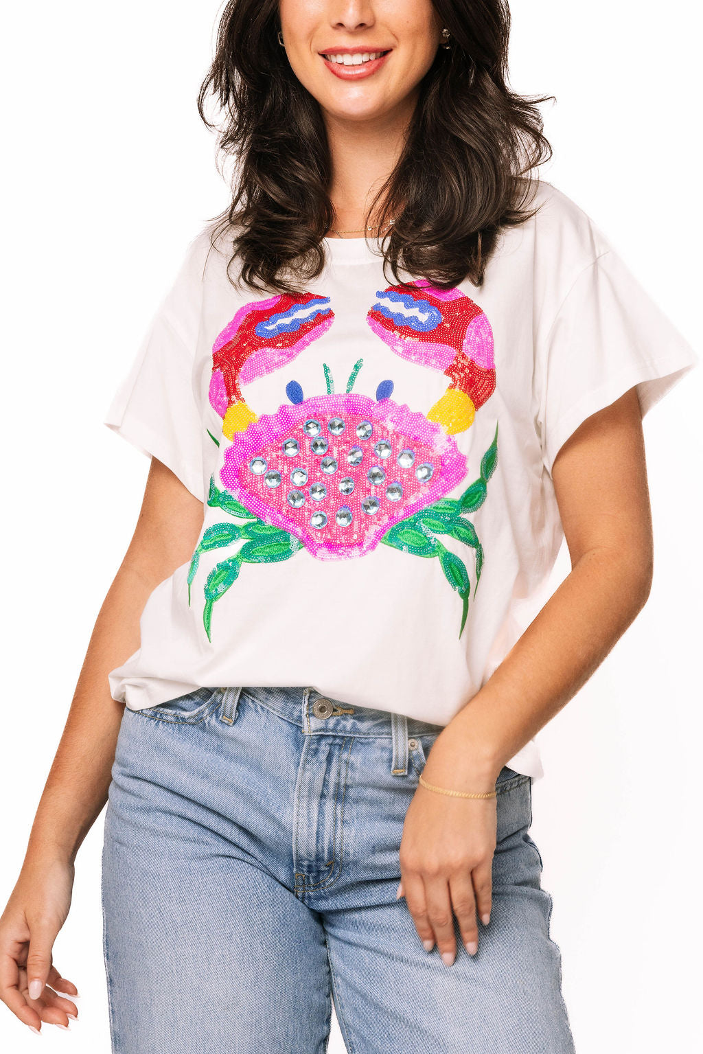 Queen of Sparkles, Sequin Crab Tee, Rainbow Sequin Shirt, Coastal Chic Apparel, Luxury Graphic Tee, Rhinestone Crab Top, Beach Vacation Outfit, Designer White Tee, Summer Sparkle Fashion. at ooh la la! in Grapevine TX 76051