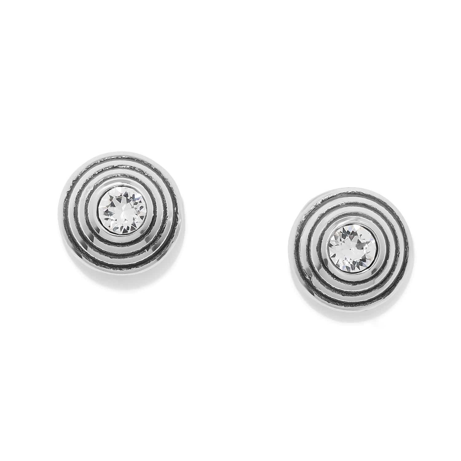 Brighton Meridian Etage II silver round post earrings with crystal centers and spiral design