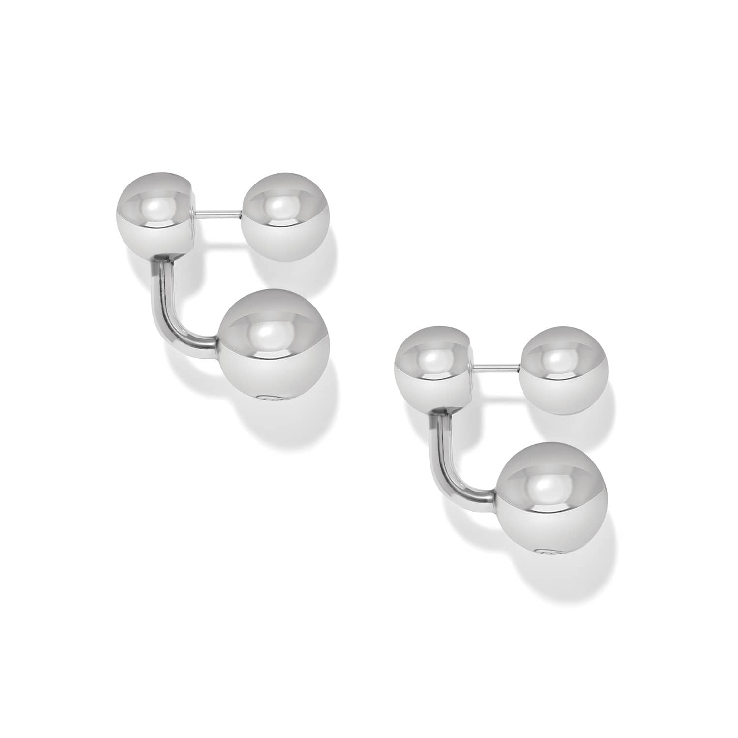 Silver sphere drop earrings with curved post design on white background
