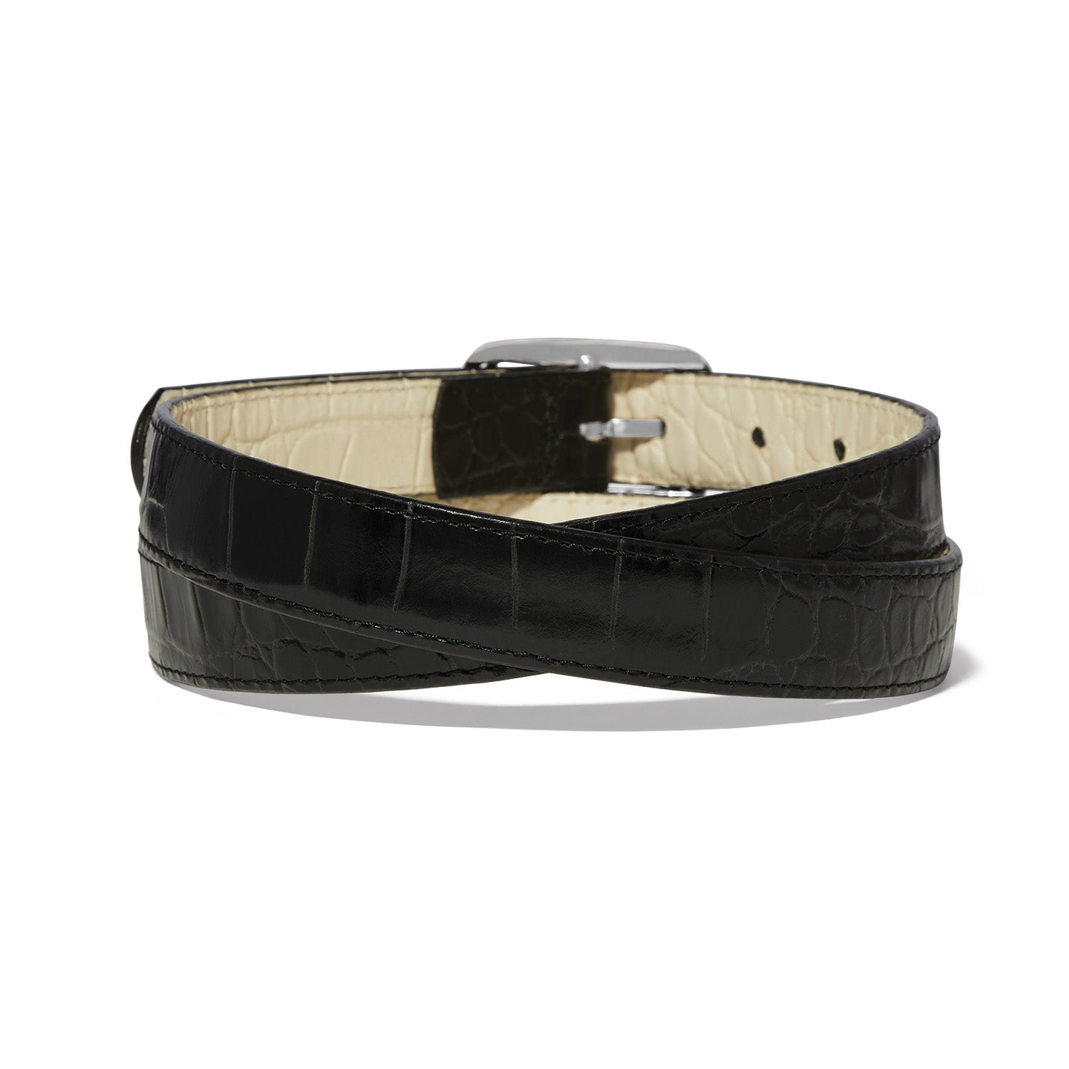 Black crocodile embossed reversible leather belt with cream interior and silver buckle