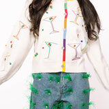 Queen of Sparkles White Multi Cosmo & Martini Button Up Cardigan With Rainbow Trim at ooh la la! in Grapevine TX 76051