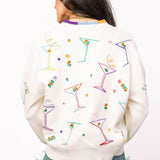 Queen of Sparkles White Multi Cosmo & Martini Button Up Cardigan With Rainbow Trim at ooh la la! in Grapevine TX 76051