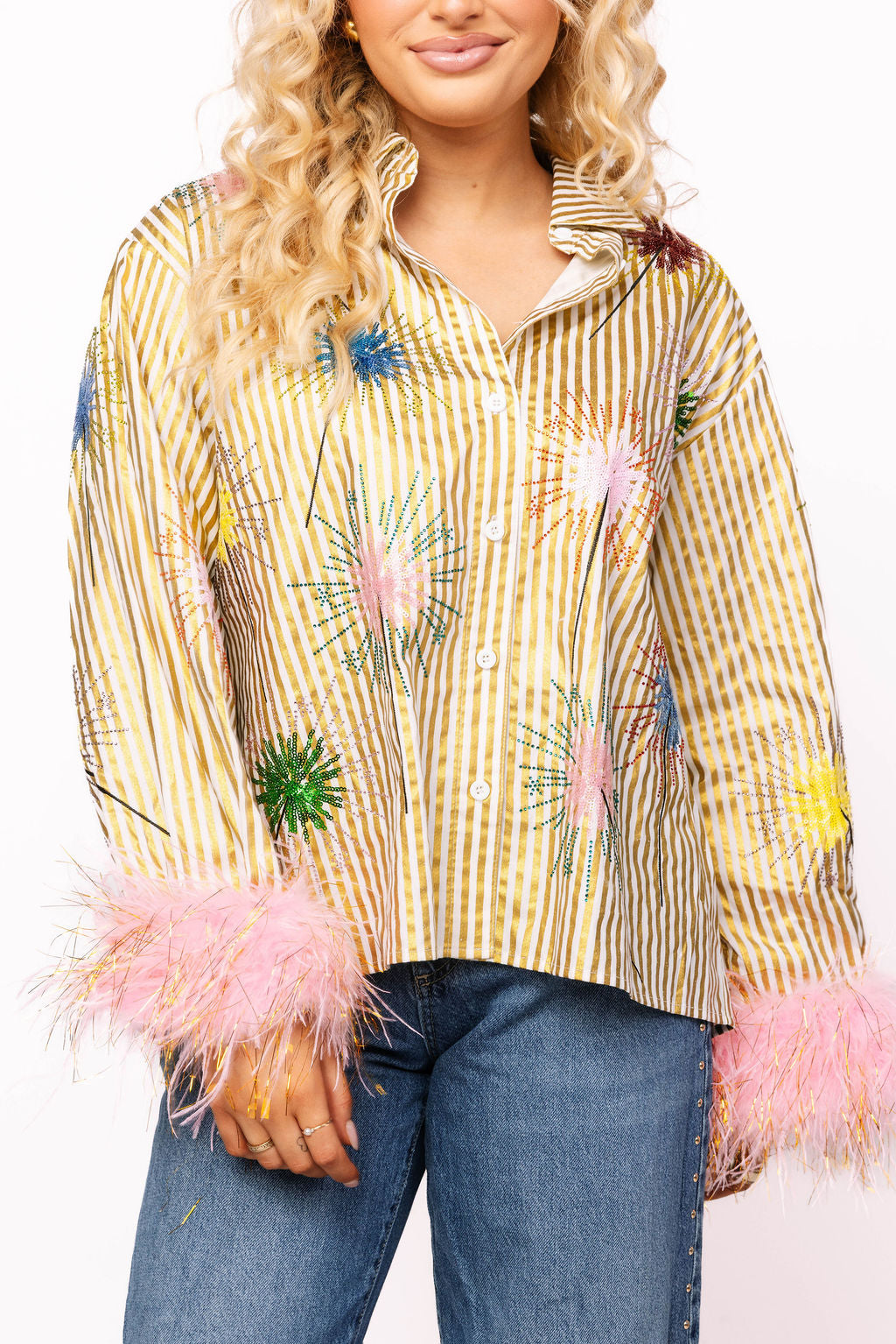 Queen of Sparkles Gold Stripe Multi Sparkler Button Up Top with Pink Feather Sleeves at ooh la la! in Grapevine TX 76051