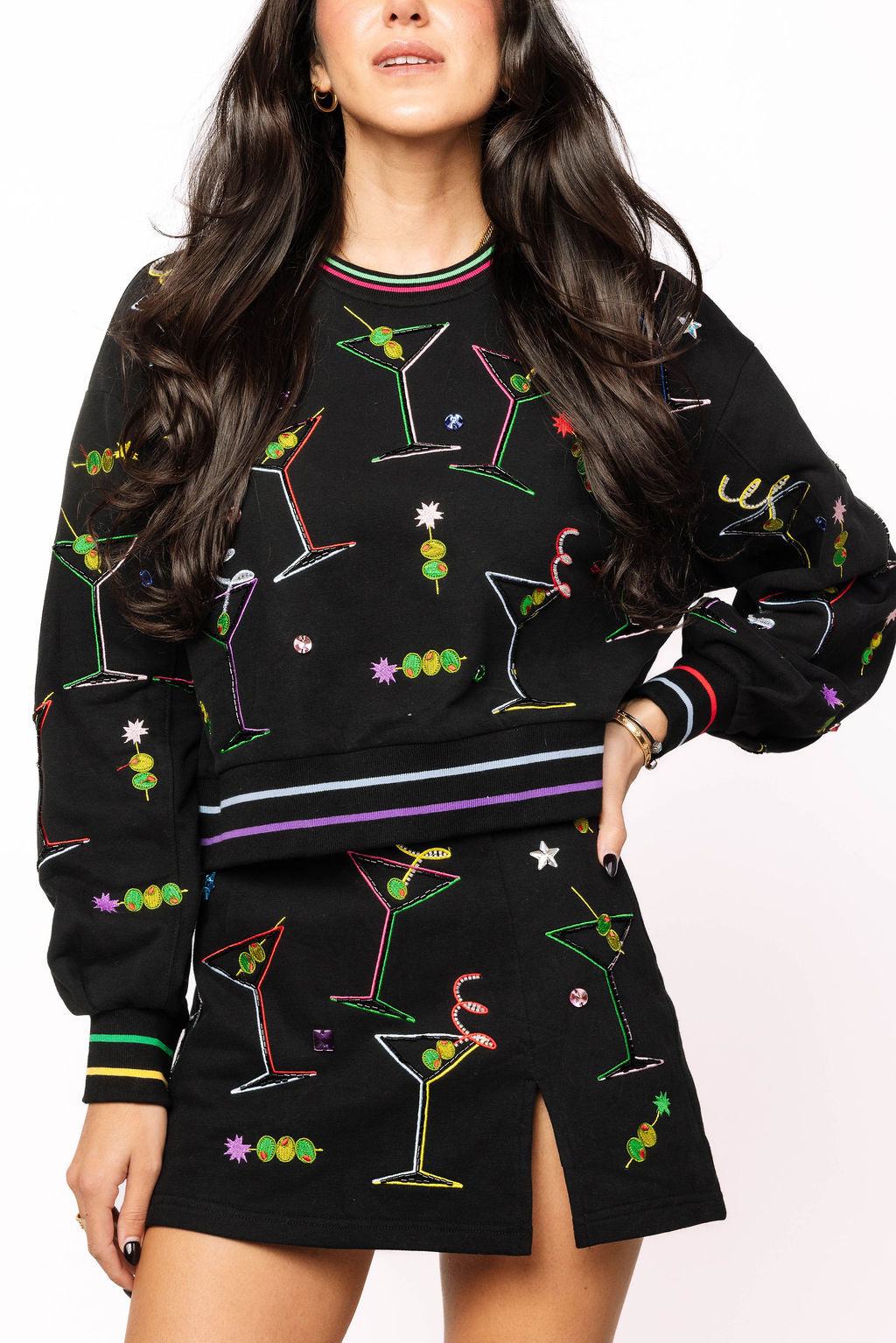 Queen of Sparkles Black Multi Rainbow Trim Martini Sweatshirt at ooh la la! in Grapevine TX 76051