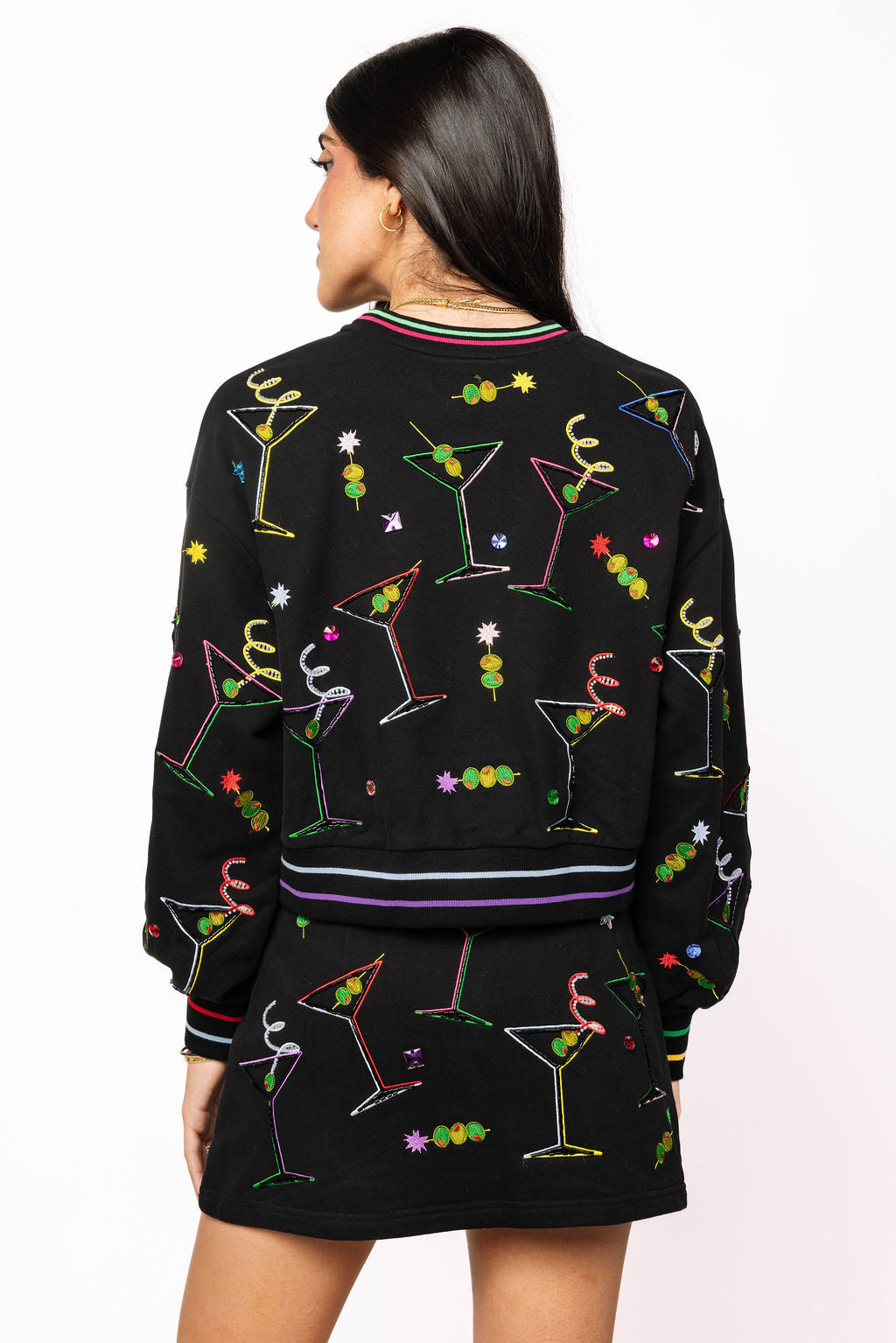 Queen of Sparkles Black Multi Rainbow Trim Martini Sweatshirt at ooh la la! in Grapevine TX 76051