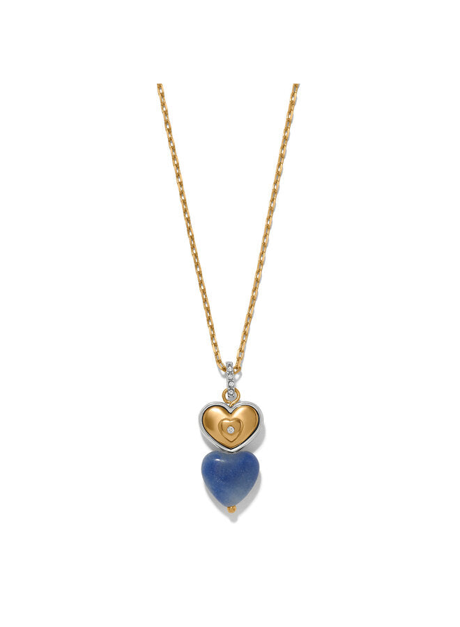 Brighton One Heart Duo Heart Petite Necklace with gold chain and blue stone heart pendant