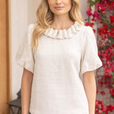Pearled Ruffle Neckline Tweed Top in ivory at ooh la la! in Grapevine TX 76051