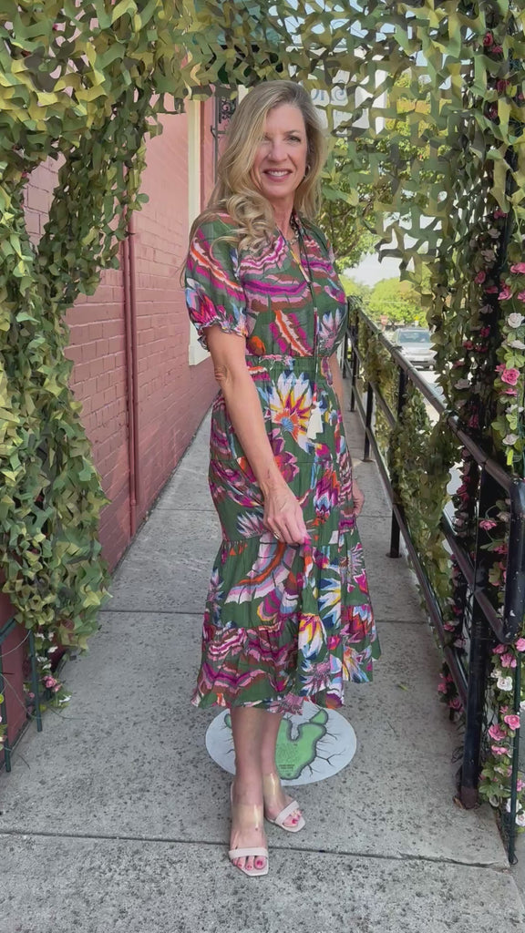 THML Puff Sleeve Print Tiered Midi Dress at Ooh La La! in Grapevine TX 76051