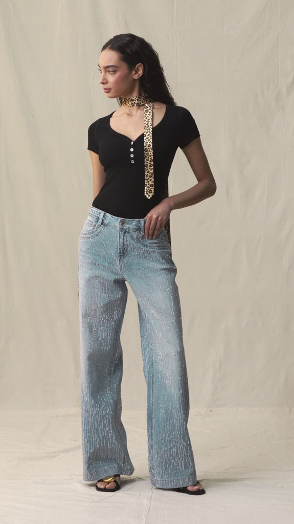 rhinestone jeans, wide leg denim, sparkly party pants, mid-rise embellished jeans, women's statement denim, light wash flare jeans, crystal encrusted jeans 
ooh la la! in Grapevine TX 76051