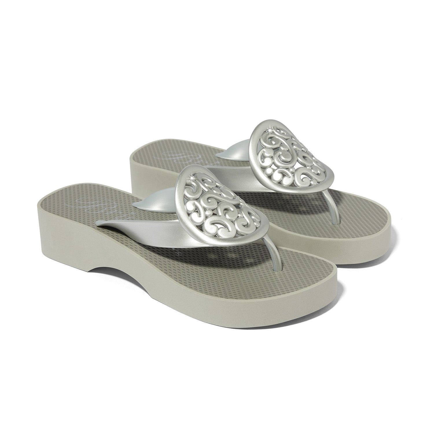 Brighton Artful sandals, silver platform flip flops, Contempo wedge thong, women’s designer sandals, silver plated flip flops, luxury beach footwear, Brighton Contempo collection, comfortable wedge sandals. at ooh la la! in Grapevine TX 76051