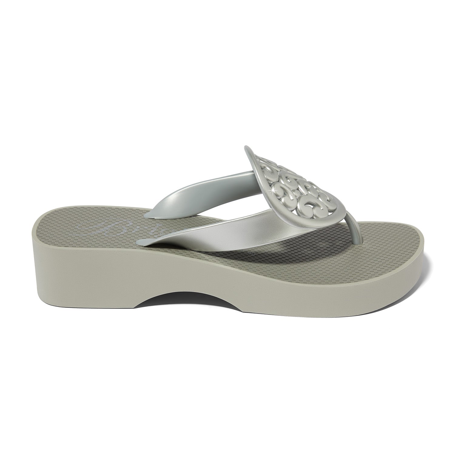 Brighton Artful sandals, silver platform flip flops, Contempo wedge thong, women’s designer sandals, silver plated flip flops, luxury beach footwear, Brighton Contempo collection, comfortable wedge sandals. at ooh la la! in Grapevine TX 76051
