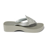 Brighton Artful sandals, silver platform flip flops, Contempo wedge thong, women’s designer sandals, silver plated flip flops, luxury beach footwear, Brighton Contempo collection, comfortable wedge sandals. at ooh la la! in Grapevine TX 76051