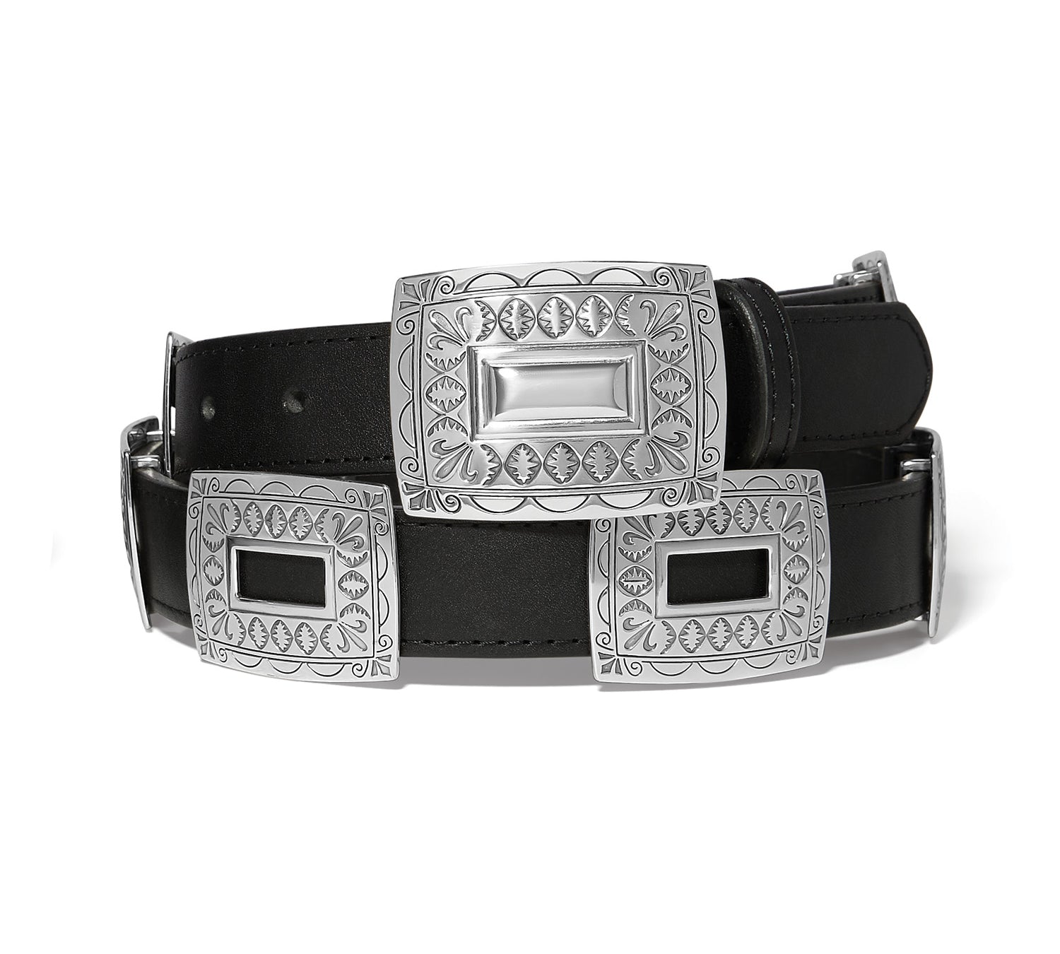 Brighton Copper Canyon Concho Belt with silver engraved square conchos on black leather strap at ooh la la! in Grapevine TX 76051