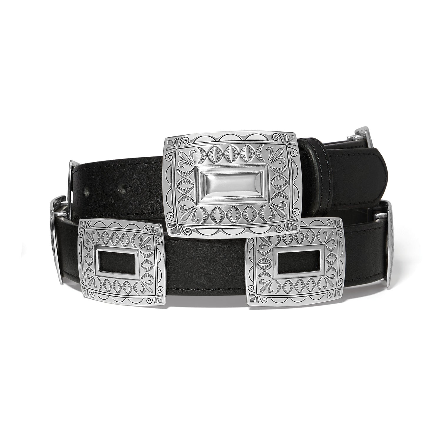 Brighton Copper Canyon Concho Belt with silver engraved square conchos on black leather strap at ooh la la! in Grapevine TX 76051