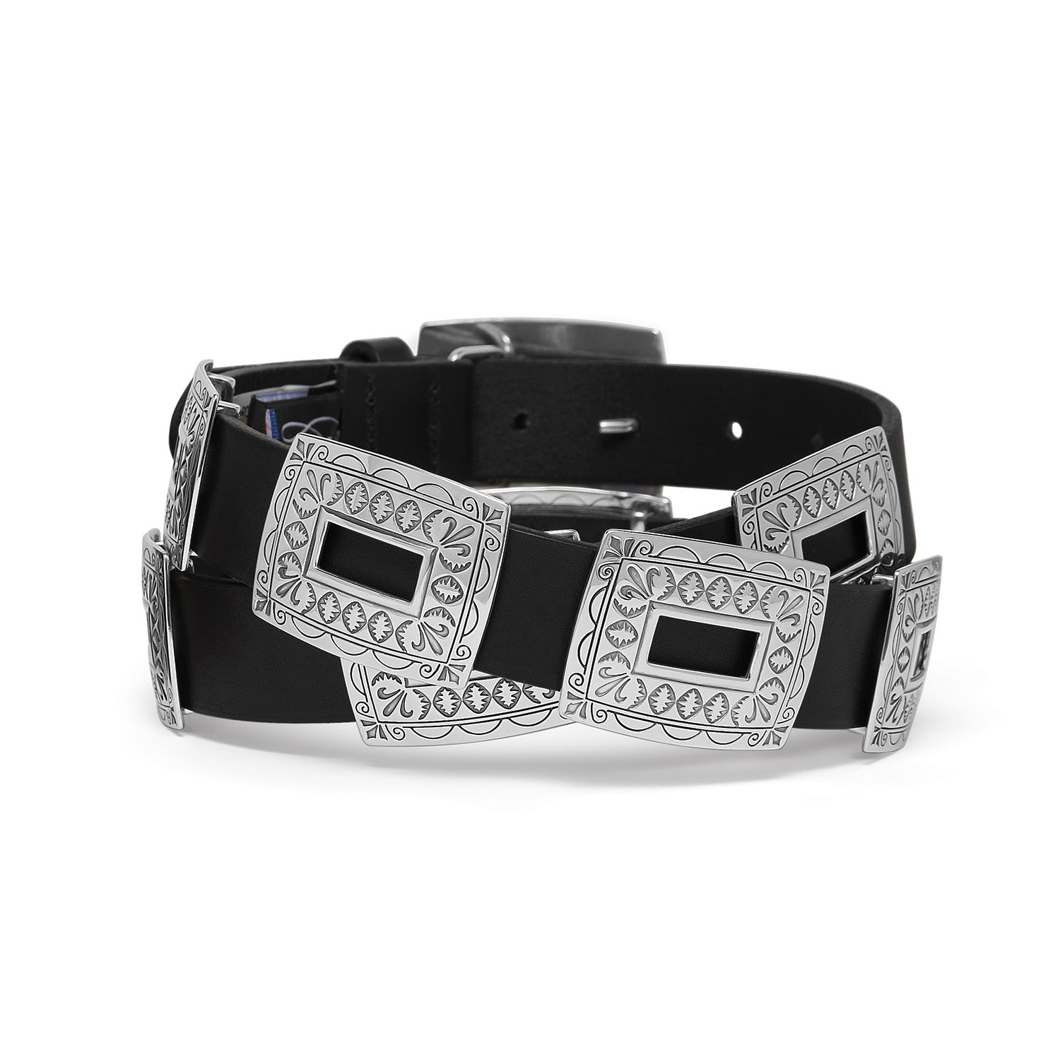 Brighton Copper Canyon Concho Belt with silver engraved square conchos on black leather strap at ooh la la! in Grapevine TX 76051