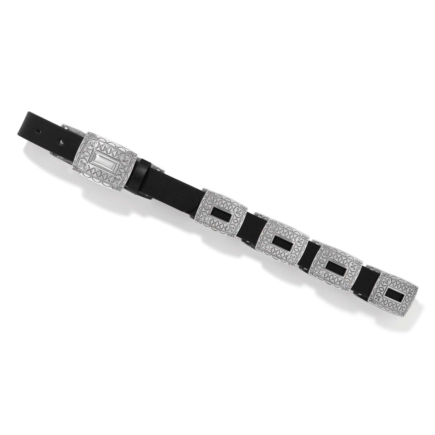 Brighton Copper Canyon Concho Belt with silver engraved square conchos on black leather strap at ooh la la! in Grapevine TX 76051