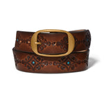 Brighton Blue Nessa Belt in brown tooled leather with turquoise accents and gold buckle at ooh la la! in Grapevine TX 76051