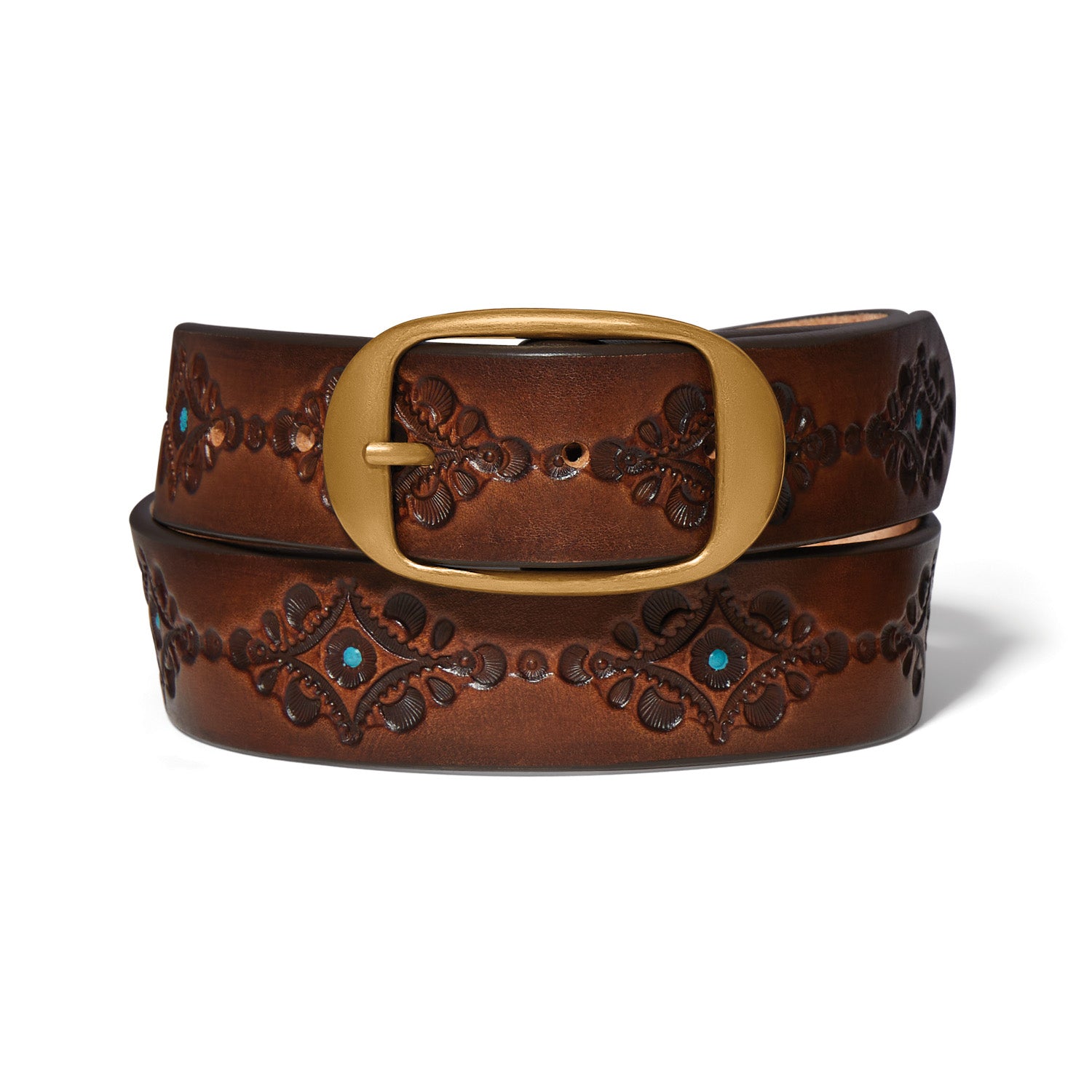 Brighton Blue Nessa Belt in brown tooled leather with turquoise accents and gold buckle at ooh la la! in Grapevine TX 76051