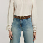 Brighton Blue Nessa Belt in brown tooled leather with turquoise accents and gold buckle at ooh la la! in Grapevine TX 76051